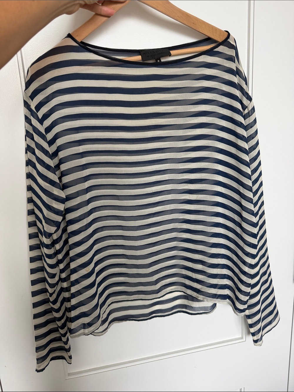 Nili Lotan Striped Navy and White Long-Sleeve Sheer Top